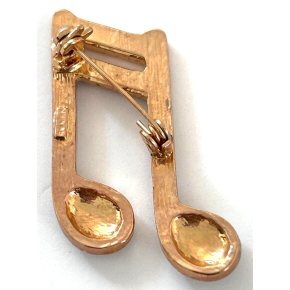 Clear Rhinestone Musical Note Brooch Pin Gold Tone Signed Roman - Picture 3 of 3